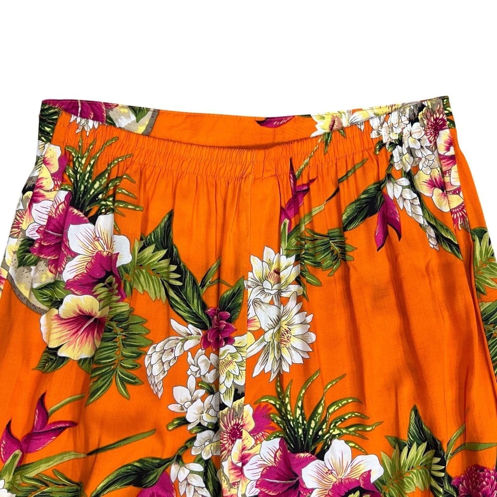 Vintage Orange Tropical Floral Rayon Midi Skirt Y2K Hawaiian Summer M - Picture 6 of 9